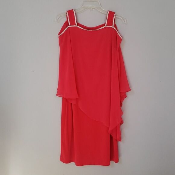 Dresses & Skirts - Glamour Nights Dress sz 6 Rhinestone Trim Cold Shoulder Sheer Asymmetric Modest